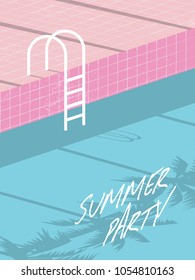 Summer Pool Party Invitation Flyer, Poster, Template, Banner With Retro Swimming Pool And Steps. Eps10 Vector Illustration.