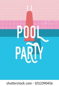 Summer pool party invitation poster, flyer vector template with vintage swimming pool background and jumping board. Eps10 vector illustration.