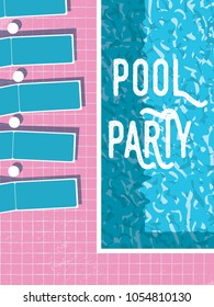 Summer Pool Party Invitation Poster, Flyer Vector Template With Vintage Swimming Pool Background And Sunbeds. Eps10 Vector Illustration.