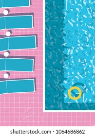 Summer pool party invitation poster, flyer vector template with vintage swimming pool background and sunbeds. Eps10 vector illustration.