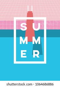 Summer Pool Party Invitation Poster, Flyer Vector Template With Vintage Swimming Pool Background And Jumping Board. Eps10 Vector Illustration.