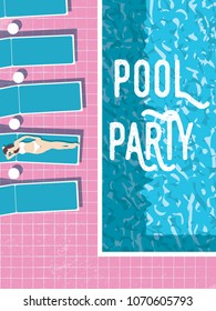 Summer pool party invitation poster, flyer vector template with vintage swimming pool, sexy woman sunbathing and sunbeds. Eps10 vector illustration.
