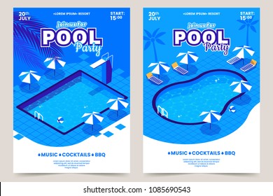 Summer pool party invitation poster. Isometric water swimming pool with sun beds, umbrellas and diving tower. Recreational resort. Vector illustration for summer event. Eps 10