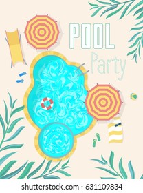 Summer Pool Party Invitation Posters Card. Holiday Relaxation Beach Event Top View. Vector illustration