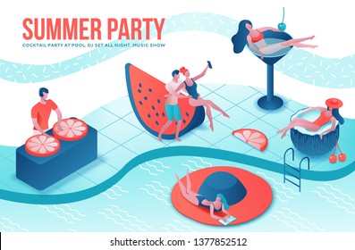 Summer Pool party isometric 3d illustration with cartoon people in swimsuit, drinking cocktail, relax, recreation spa concept, watermelon, orange, summer event background, leisure time