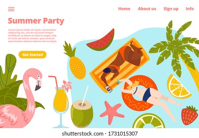 Summer pool party with people in swimming pool holiday, palms and parasol umbrella, beach, flamingo and coctals website template vector illustration.