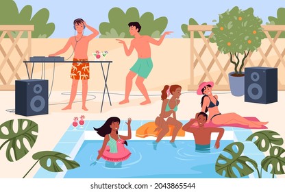 Summer pool party with people vector illustration. Cartoon group of young man woman characters in swimsuit listen to fun music, girls in bikini swimming in water, summertime vacation background