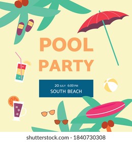 Summer pool party poster background with cartoon accessories for beach vacation, flat cartoon vector illustration. Colorful invitation card for pool party.