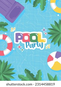 Summer pool party poster. Bright and fun advertising poster template for pool party. Colorful swimming ring, beach ball and letters float on water. Summer background.