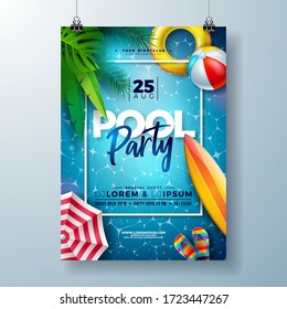 Summer pool party poster design template with palm leaves, water, beach ball and float on blue ocean landscape background. Vector holiday illustration for banner, flyer, invitation, poster. - Shutterstock ID 1723447267