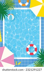 Summer pool party poster design template with palm leaves, water, beach ball and inflatable swimming rings. Vector holiday illustration for banner, flyer, invitation, poster.