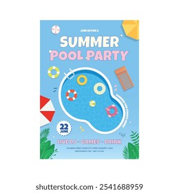 Modelo de design de pôster de festa de piscina de verão com folhas de palma, água, bola de praia e flutuar no fundo azul da paisagem do oceano. Ilustração de feriado vetorial para faixa, folheto, convite, cartaz.