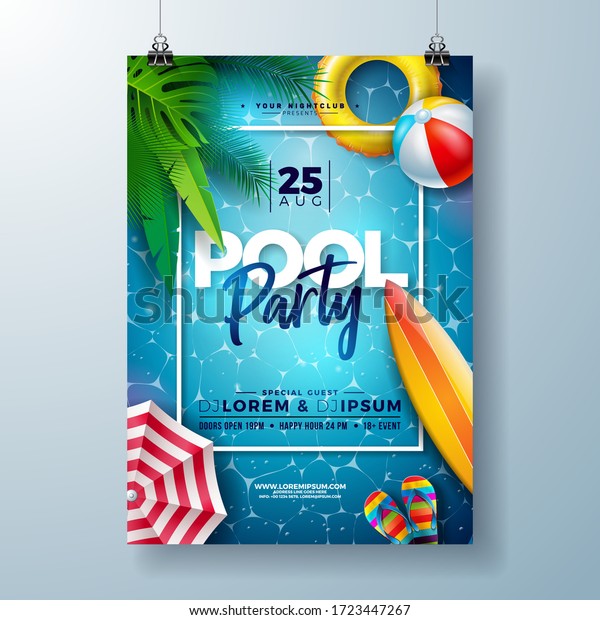 Summer pool party poster design template with\
palm leaves, water, beach ball and float on blue ocean landscape\
background. Vector holiday illustration for banner, flyer,\
invitation, poster.