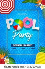 Afiche de la fiesta de la piscina de verano con inflables, hojas tropicales y paraguas de playa en el fondo del agua