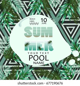 Summer Pool party poster. Summer music Poster template with tropical palm leaves.Geometric triangles background.Beach vibes banner.Vector illustration.