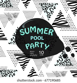 Summer Pool party poster. Summer music Poster template with tropical palm leaves.Geometric triangles background.Beach vibes banner.Vector illustration.