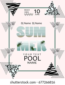 Summer Pool party poster. Summer music Poster template with tropical palm leaves.Geometric triangles leopard,zebra texture.Beach vibes banner.Vector illustration.