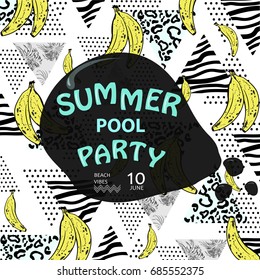 Summer Pool party poster. Summer music Poster template with tropical palm leaves,bananas,zebra and leopard print.Geometric triangles background.Beach vibes banner.Vector illustration.