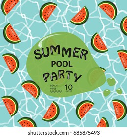 Summer Pool party poster. Summer music Poster template with watermelon  floats. Pool, sea water pattern background. Beach vibes banner. Vector illustration.