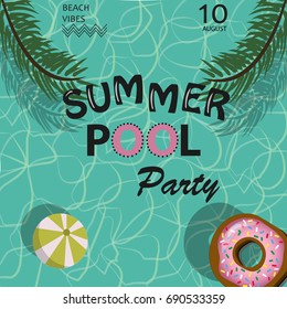 Summer Pool party poster. sea water pattern background.Beach vibes typography banner.Vector illustration.
