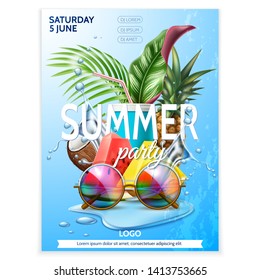 Summer pool party poster. Sunglasses Tropical leaves, pineapple, watermelon and coconut sliced fruits on water splash background . Vector beach holiday party, summertime vacation banner