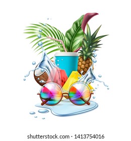 Summer Pool Party Poster. Sunglasses Tropical Leaves, Pineapple, Watermelon And Coconut Sliced Fruits On Water Splash Background . Vector Beach Holiday Party, Summertime Vacation Banner