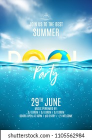 Summer pool party poster template. Vector illustration with deep underwater ocean scene. Background with realistic clouds and marine horizon. Invitation to nightclub. - Shutterstock ID 1105562984