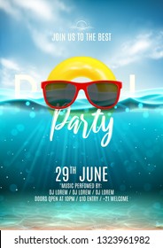 Summer pool party poster template. Vector illustration with underwater ocean scene with seashells and waves. Background with realistic clouds and marine horizon. Invitation to nightclub.