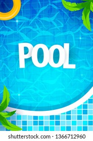 Summer pool party poster template. Water and palms, inflatable yellow mattress. Vector illustration