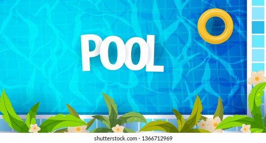 Summer pool party poster template. Water and palms, inflatable yellow mattress. Vector illustration