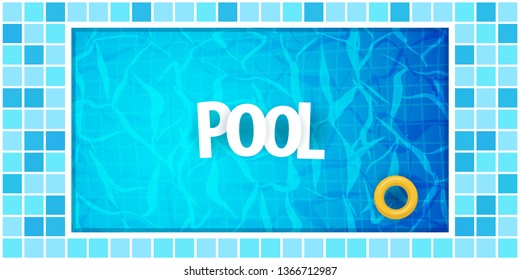 Summer pool party poster template. Water and palms, inflatable yellow mattress. Vector illustration