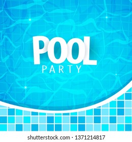 Summer pool party poster template. Water and palms, inflatable yellow mattress. Vector illustration