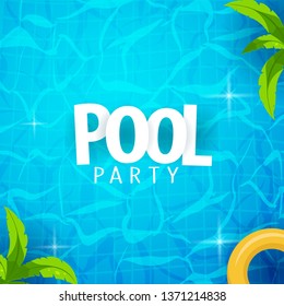 Summer pool party poster template. Water and palms, inflatable yellow mattress. Vector illustration