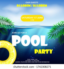 Plantilla de afiche de la fiesta de la piscina de verano. Ilustración vectorial con la escena oceánica submarina profunda. Colchón amarillo inflable de agua y palmera. Afiche de la plantilla de grupo.