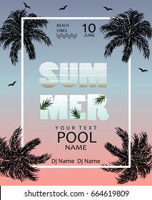  Summer Pool party poster. Summer Poster template with palms,flying birds and sunset background.Beach vibes banner.Vector illustration.