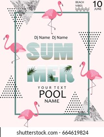  Summer Pool party poster. Summer Poster template with tropical palm leaves,pink flamingos and textured triangles.Beach vibes banner.Vector illustration.