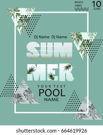  Summer Pool party poster. Summer Poster template with palms and textured triangles.Beach vibes banner.Vector illustration.