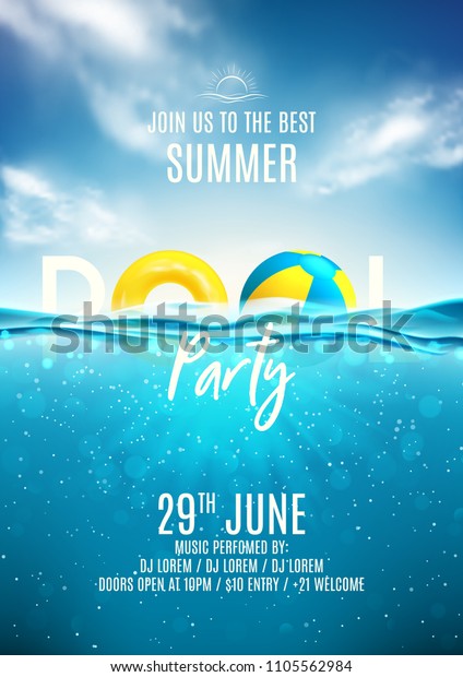 Summer pool party\
poster template. Vector illustration with deep underwater ocean\
scene. Background with realistic clouds and marine horizon.\
Invitation to\
nightclub.