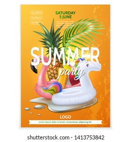 Summer pool party poster. Tropical leaves, fruits, infatable pink flamingo, unicorn in water splash. Vector beach holiday party, summertime vacation banner