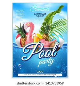 Summer pool party poster. Tropical leaves, fruits, infatable pink flamingo on underwater background with blue cloud sky. Vector beach holiday party, summertime vacation banner
