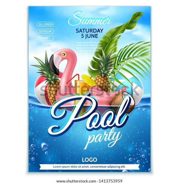 Summer pool party\
poster. Tropical leaves, fruits, infatable pink flamingo on\
underwater background with blue cloud sky. Vector beach holiday\
party, summertime vacation\
banner