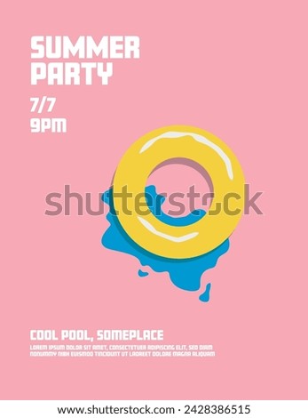 Summer pool party poster vector template with life ring. Symbol of holiday, fun, vacation. Editable print eps10 file.