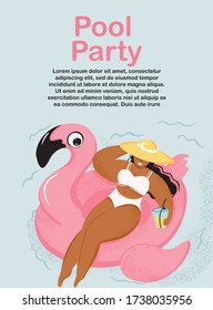 Summer pool party poster. Woman floating on inflatable pink flamingo. Vector illustration