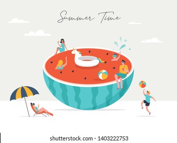 Summer pool party scene, group of people, family and friends having fun around huge watermelon, swimming in the pool, drinking cold beverage, playing on the beach. Summer fun concept design.