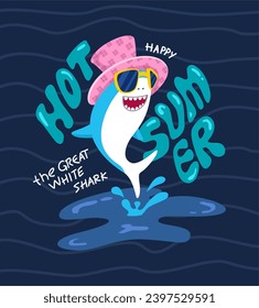 Summer pool party, Shark character design, Fun t-shirt print, Cool shark summer time design vector illustration ready for print on t-shirt