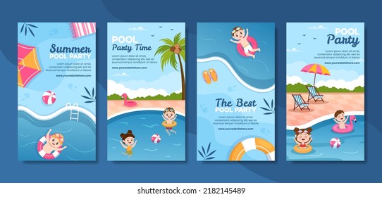 Summer Pool Party Social Media Stories Template Cartoon Background Vector Illustration