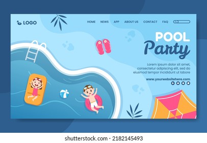 Summer Pool Party Social Media Landing Page Template Cartoon Background Vector Illustration
