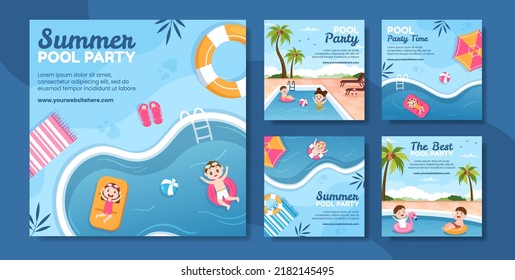 Summer Pool Party Social Media Post Template Cartoon Background Vector Illustration