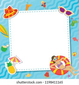 Summer pool party for template frame decorated with accessories and activity beach