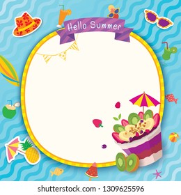 Summer pool party for template frame decorated with acai and accessories 